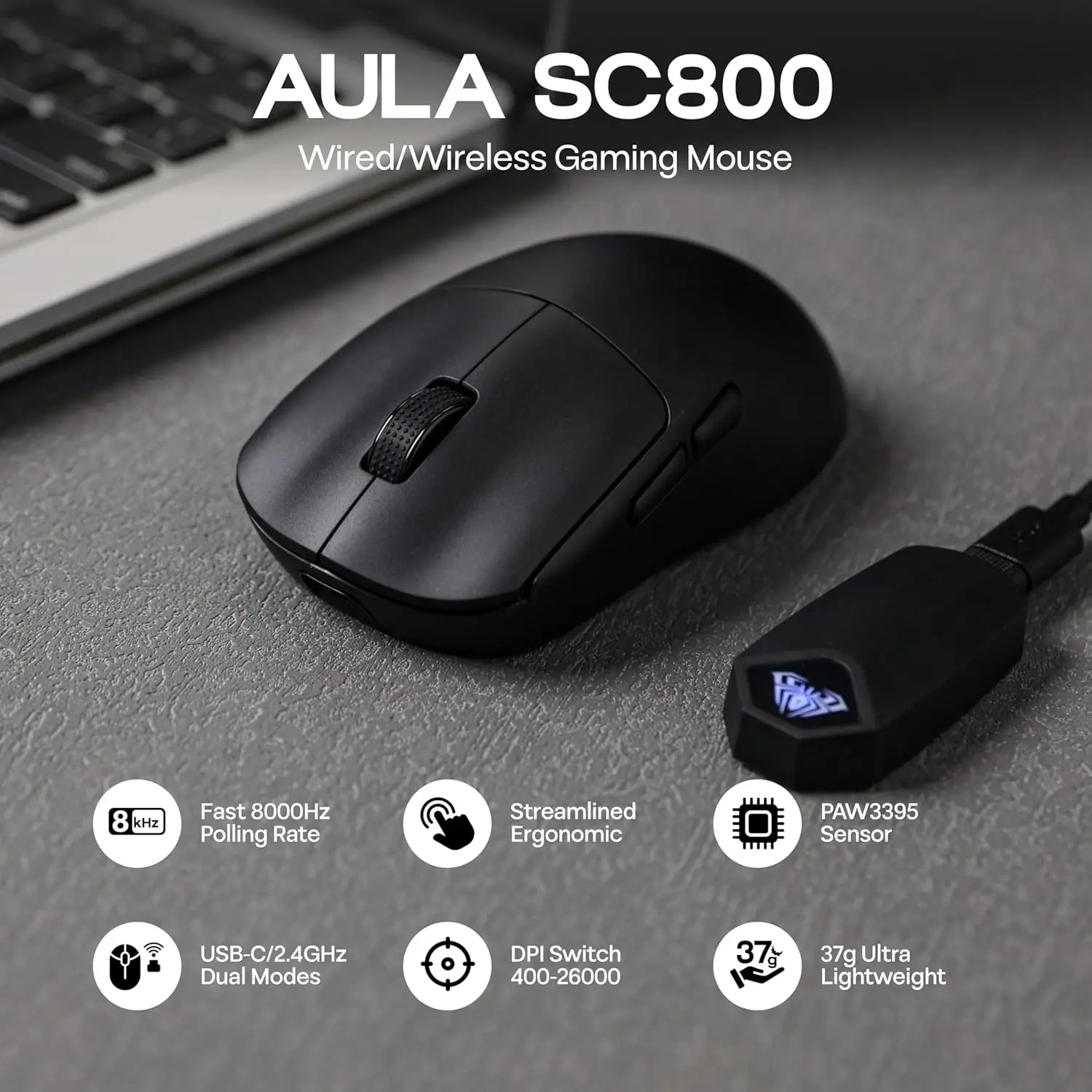 Esports Gaming Mouse Wireless - AULA SC800 เมาส์สำหรับเล่นเกม USB-C แบบมีสาย/2.4G 37